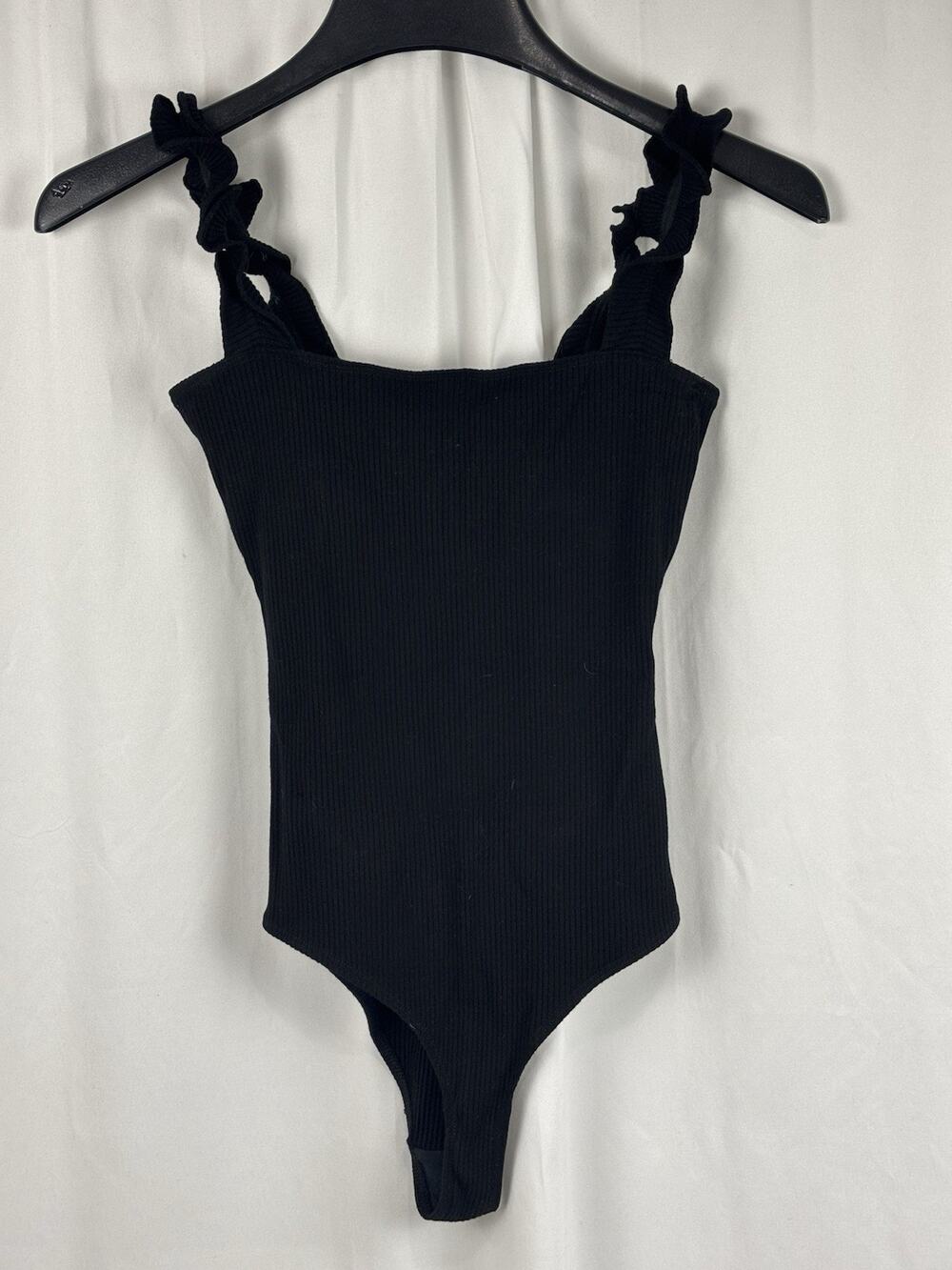 Reformation Ruffle Strap Bodysuit Ribbed Black Size S Coquette Whimsygoth